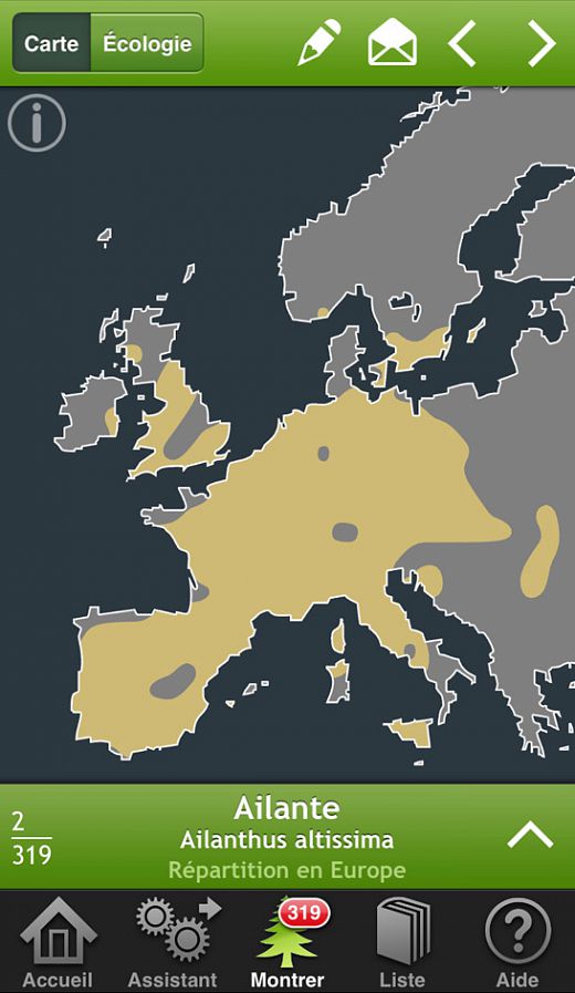 Arbres et arbustes en poche - 319 Arbres et arbustes d’Europe - page carte de répartition